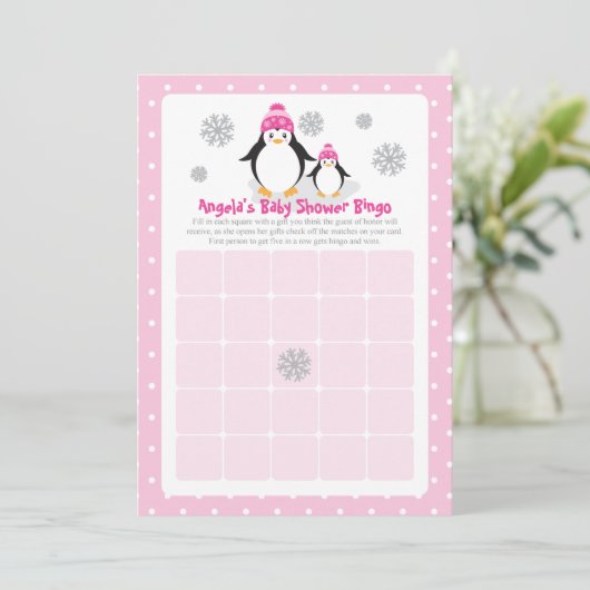 Pink Penguin Baby Shower Bingo Card (Standing Front)
