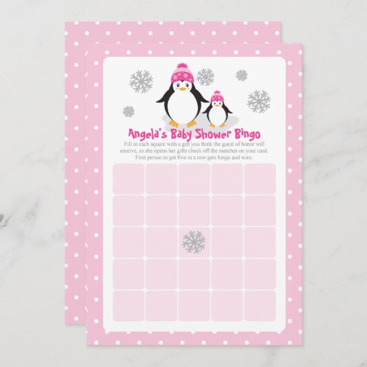 Pink Penguin Baby Shower Bingo Card (Front/Back)