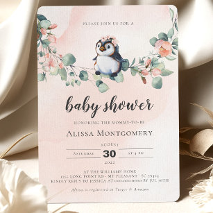 Pink Penguin Baby Shower Girl Invitation