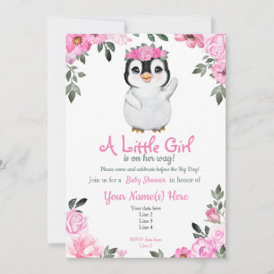 Pink Penguin Baby Shower invitation, rustic Invitation