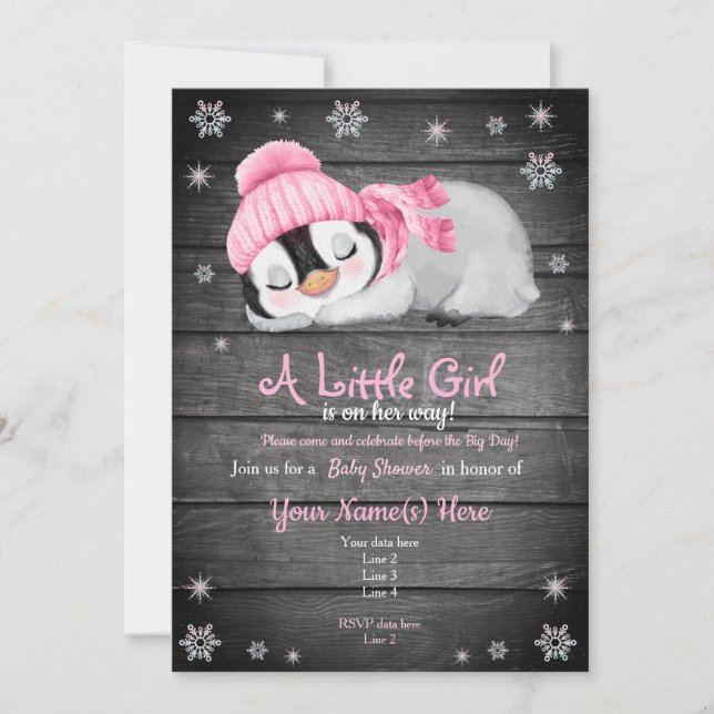 Pink Penguin Baby Shower invitation, Winter Hat Invitation (Front)