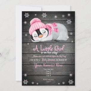 Pink Penguin Baby Shower invitation, Winter Hat Invitation