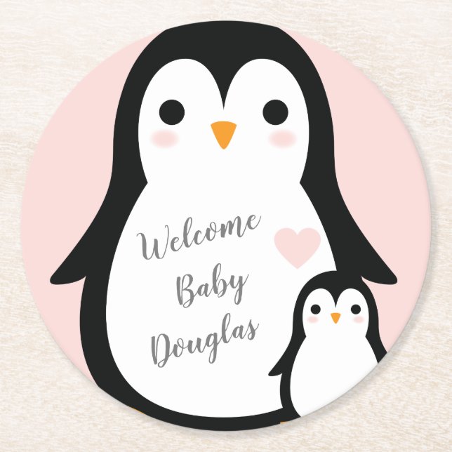Pink Penguin Baby Shower Round Paper Coaster (Front)