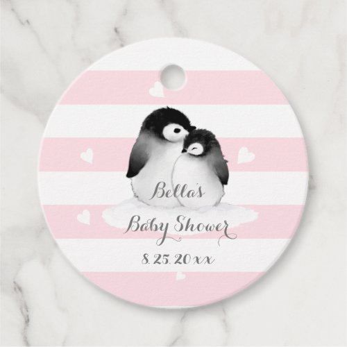 Pink Penguin Baby Shower Stickers Favor Tags