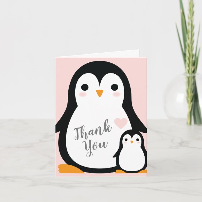 Pink Penguin Baby Shower Thank You Card (Front)