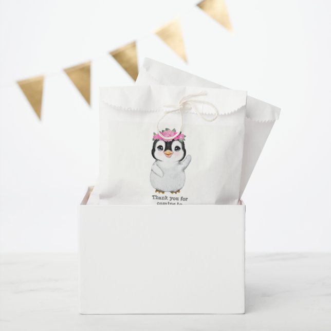 Pink Penguin Favor Bag, Customizable giveaway bag (Party)