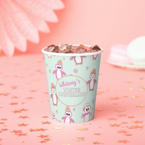 pink penguin first birthday paper cups