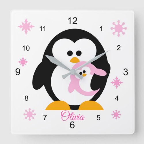 Pink Penguin Girl Square Wall Clock