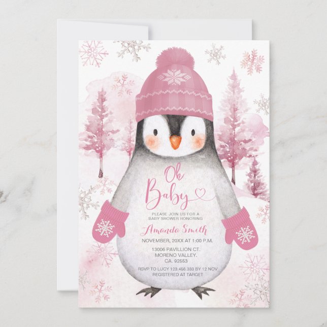 Pink Penguin knitted Hat Snowflakes Baby Shower Invitation (Front)
