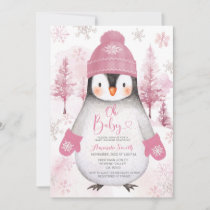 Pink Penguin knitted Hat Snowflakes Baby Shower Invitation