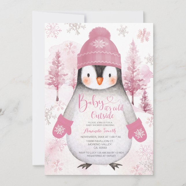Pink Penguin knitted hat Snowflakes Baby Shower Invitation (Front)