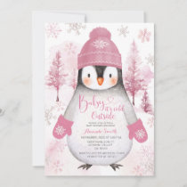 Pink Penguin knitted hat Snowflakes Baby Shower Invitation