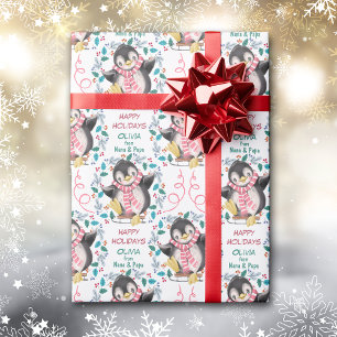 Pink Penguin Sled Wreath Christmas Wrapping Paper