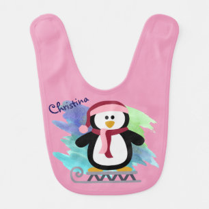 Pink Penguin Sledding Baby Bib