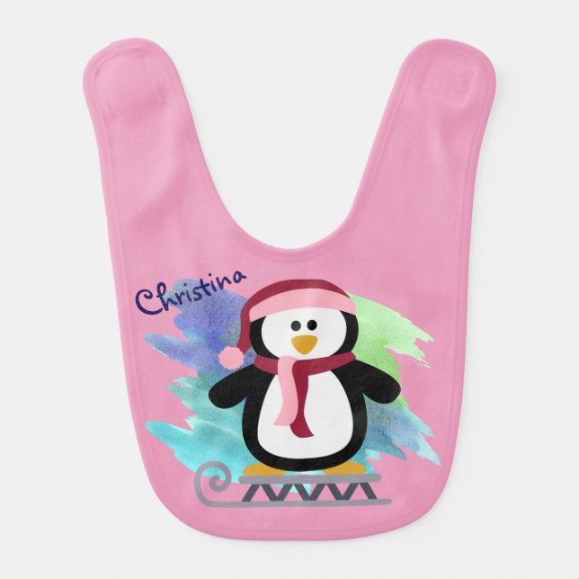 Pink Penguin Sledding Baby Bib (Front)