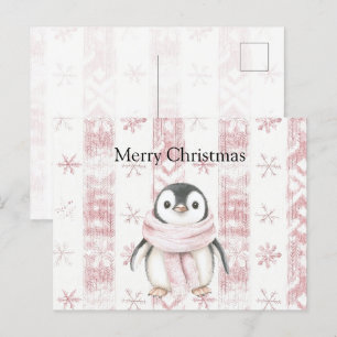 Pink Penguin Snowflakes Christmas Postcard