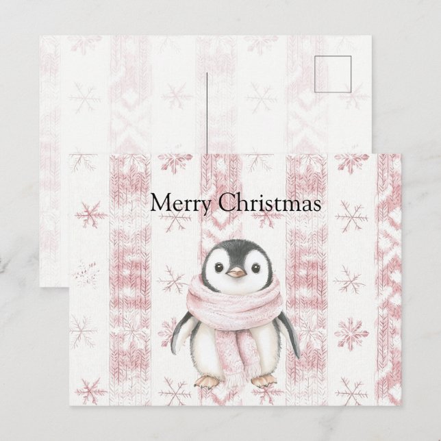 Pink Penguin Snowflakes Christmas Postcard (Front/Back)