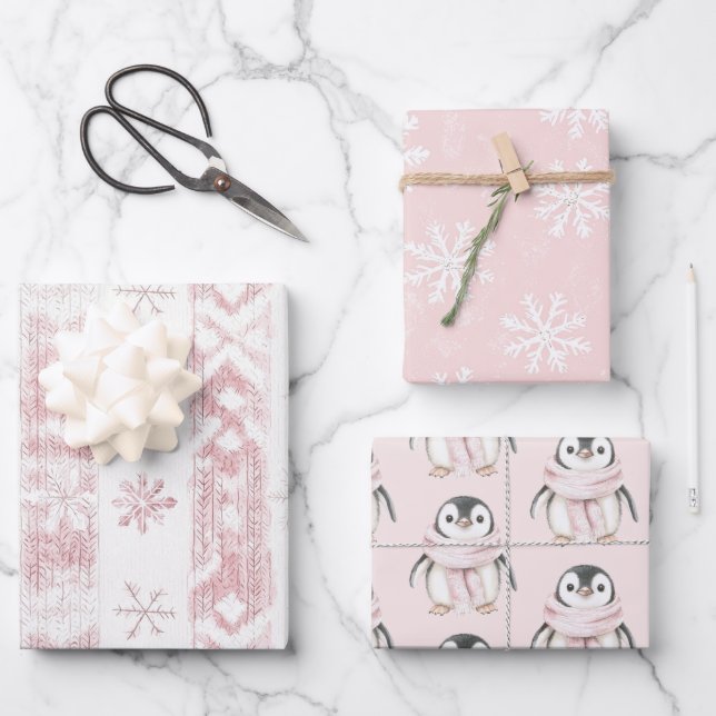 Pink Penguin Snowflakes Christmas Wrapping Paper Sheets (Front)