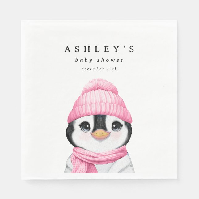 Pink Penguin Winter Baby Shower Napkins (Front)