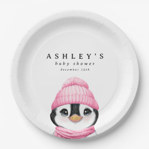 Pink Penguin Winter Baby Shower Paper Plates