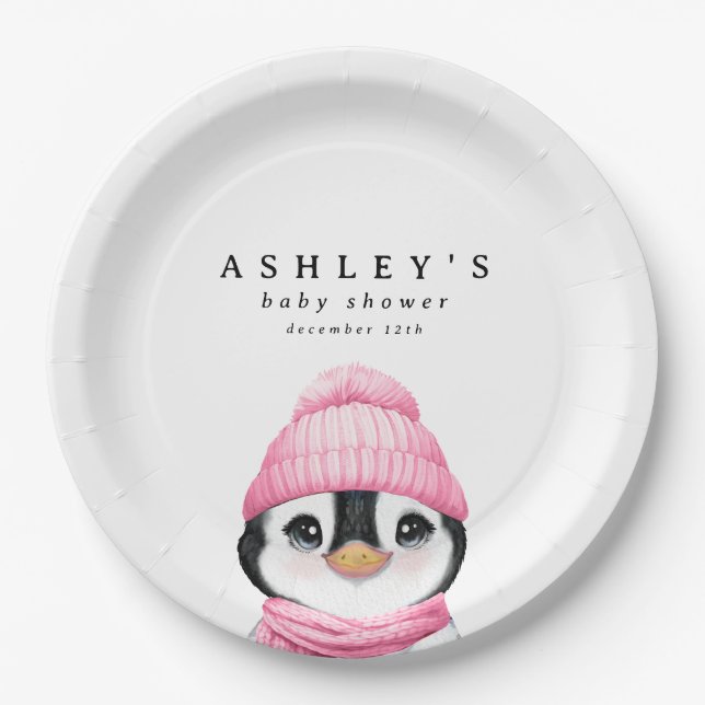Pink Penguin Winter Baby Shower Paper Plates (Front)