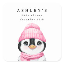 Pink Penguin Winter Baby Shower Square Sticker