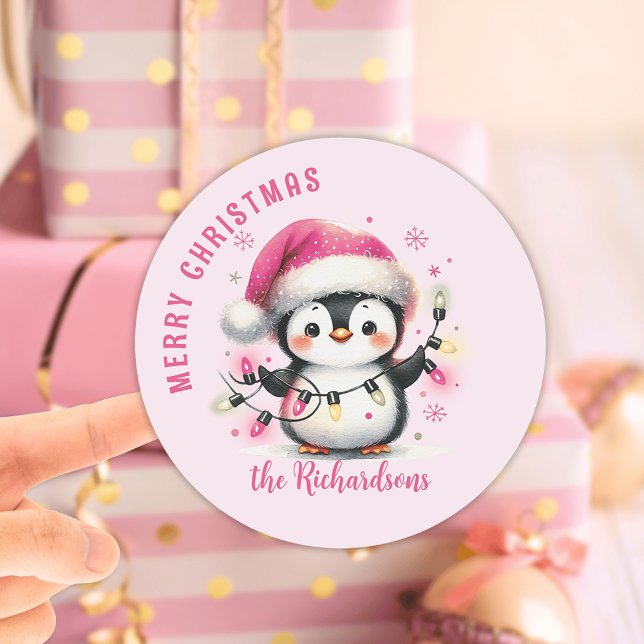Pink Penguin with Lights Family Name Christmas Classic Round Sticker (Creator Uploaded)