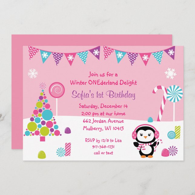 Pink Penguin Wonderland 1st Birthday Invitation (Front/Back)