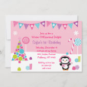 Pink Penguin Wonderland 1st Birthday Invitation (Front)