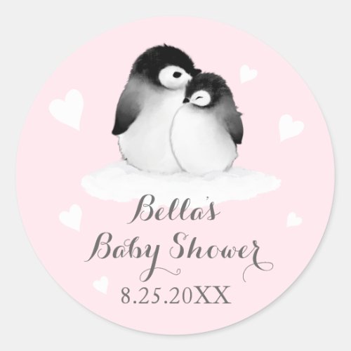 Pink Penguins Baby Shower Stickers