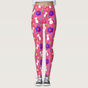 Pink penguins retro flowers leggings