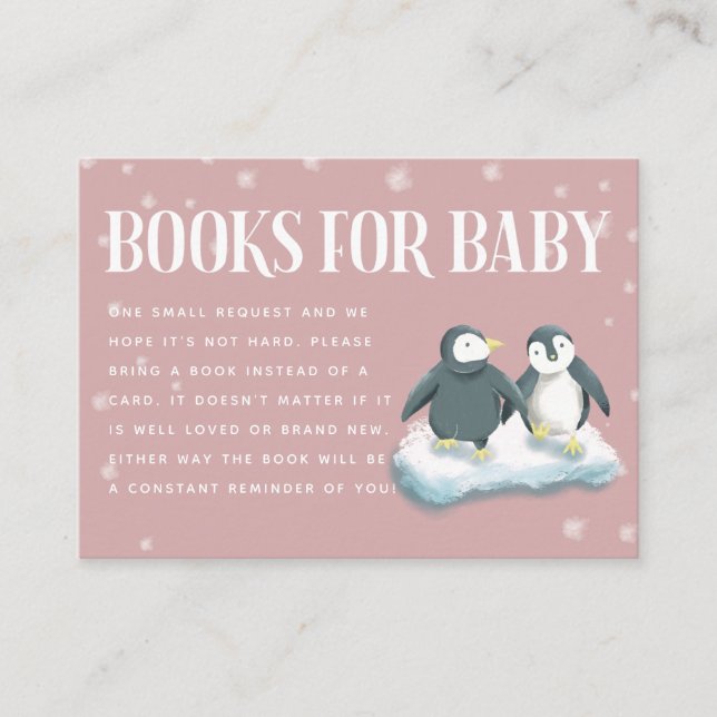 Pink Penguins Winter Baby Shower Book Request Enclosure Card (Front)