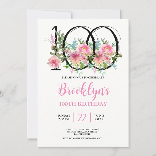 Pink Peonies 100th Birthday  Invitation (Front)