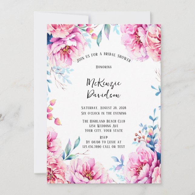 Pink Peonies Airy Floral Bridal Shower Invitation (Front)