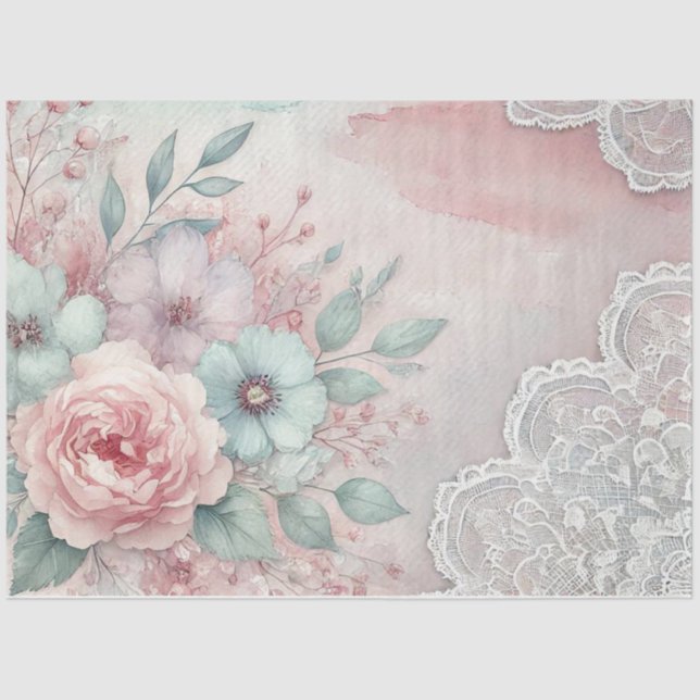 Pink Peonies and Blue Flowers On Pink White Lace Tissue Paper (Front)