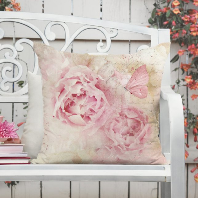 Pink Peonies and Butterfly Throw Pillow (Creator Uploaded)