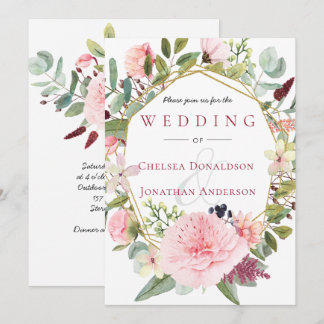Pink Peonies and Eucalyptus Watercolor Geometric Invitation
