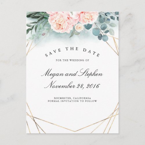 Pink Peonies and Gold Frame Modern Save the Date Announcement Postcard