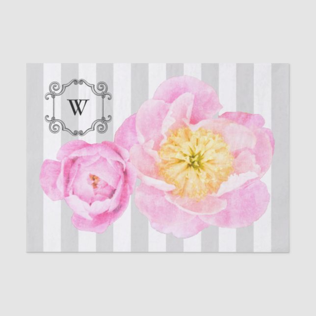 Pink Peonies and Gray Stripes Monogram Tissue Paper (Front)