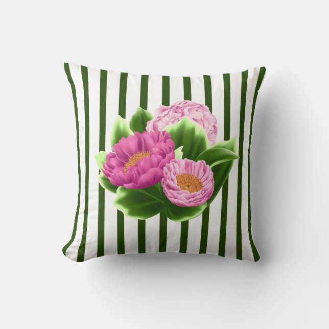 Pink Peonies and Green Stripes Throw Pillow (Front)