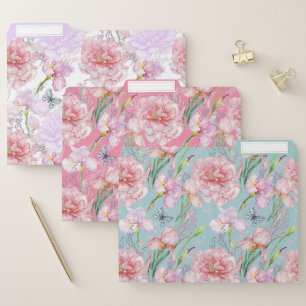 Pink Peonies and Irises on Mint, Lavender, Pink File Folder