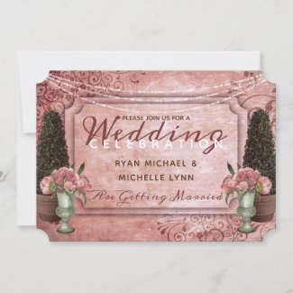 Pink Peonies and Topiary Garden Rose Gold Wedding Invitation