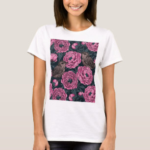 Pink peonies and wrens on dark gray T-Shirt