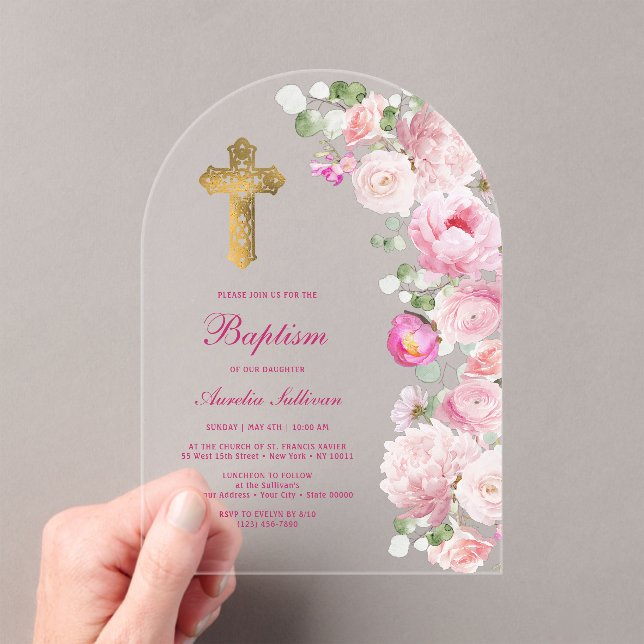 Pink Peonies Arch Baptism Acrylic Invitations (Insitu (Handheld))
