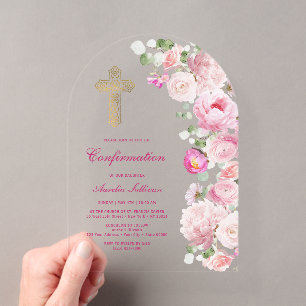 Pink Peonies Arch Confirmation Acrylic Invitations