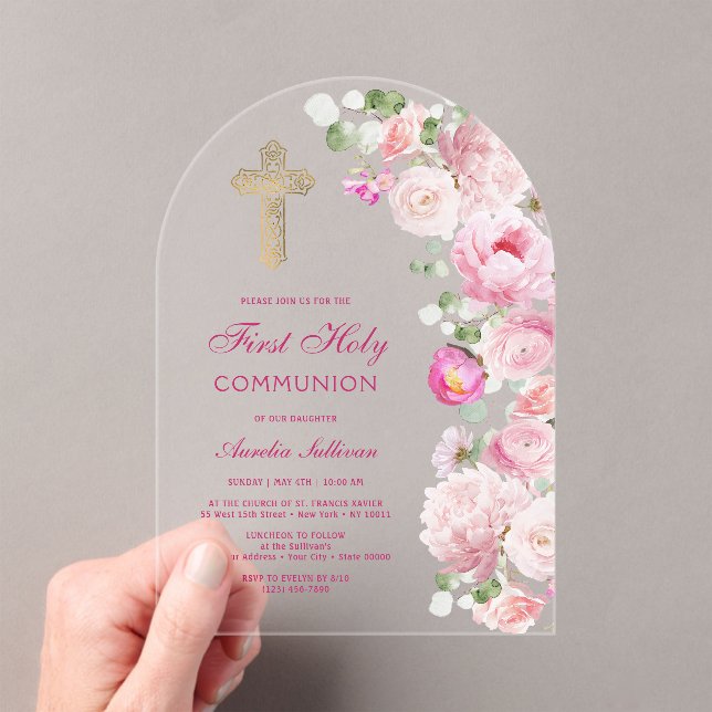 Pink Peonies Arch First Communion Acrylic Invitations (Insitu (Handheld))