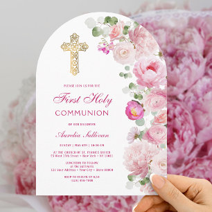 Pink Peonies Arch First Communion Invitation