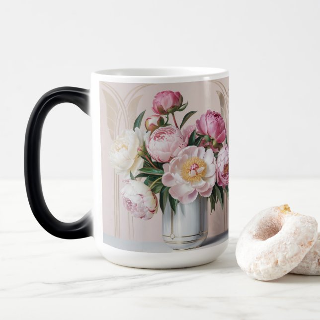  Pink Peonies Art Deco Morphing Mug (With Donut)
