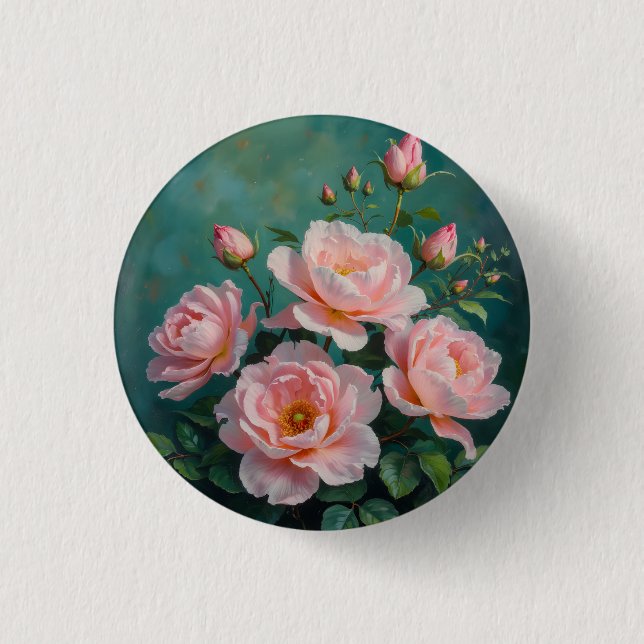 Pink Peonies Artwork on Emerald Green Button (Front)