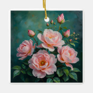 Pink Peonies Artwork on Emerald Green Ceramic Ornament